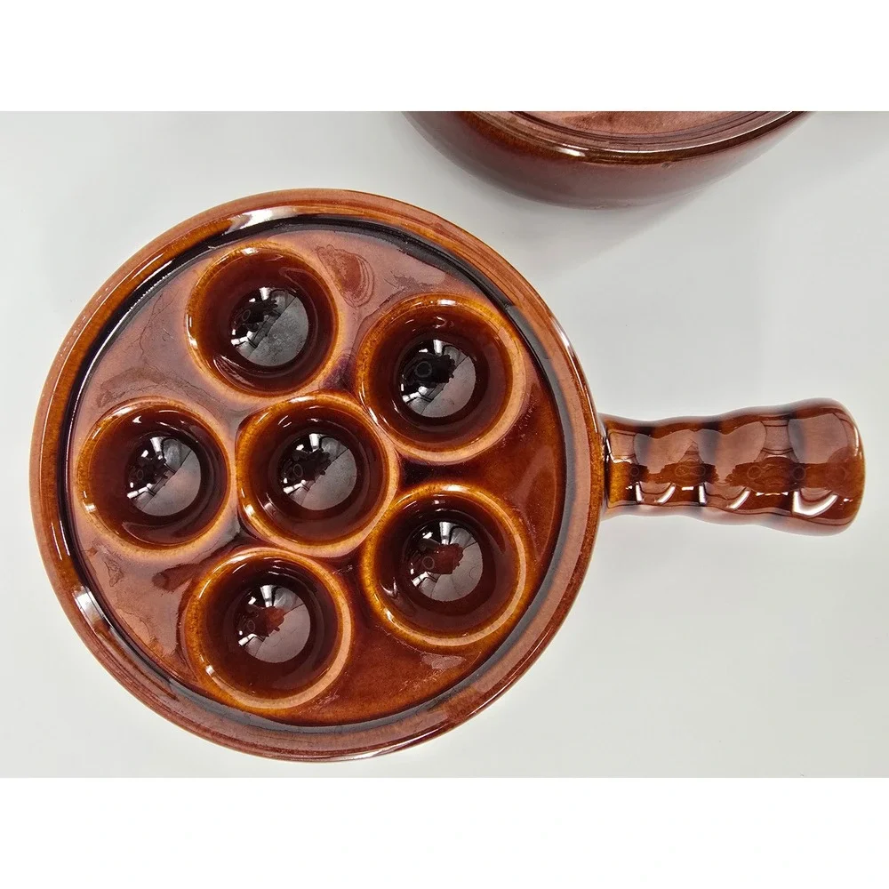 Vintage Brown Glazed Ceramic Escargot Baking Dishes 6 Hole Snail Pans Set of 3